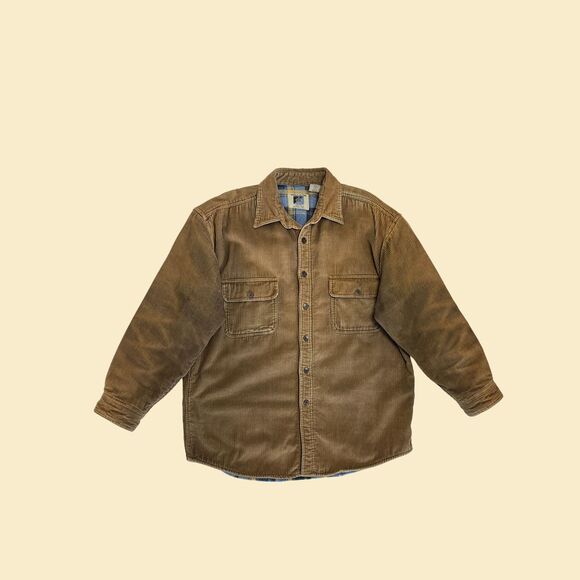 Corduroy 90s mens M jacket, vintage brown fleece-lined button down shacket - Picture 1 of 8